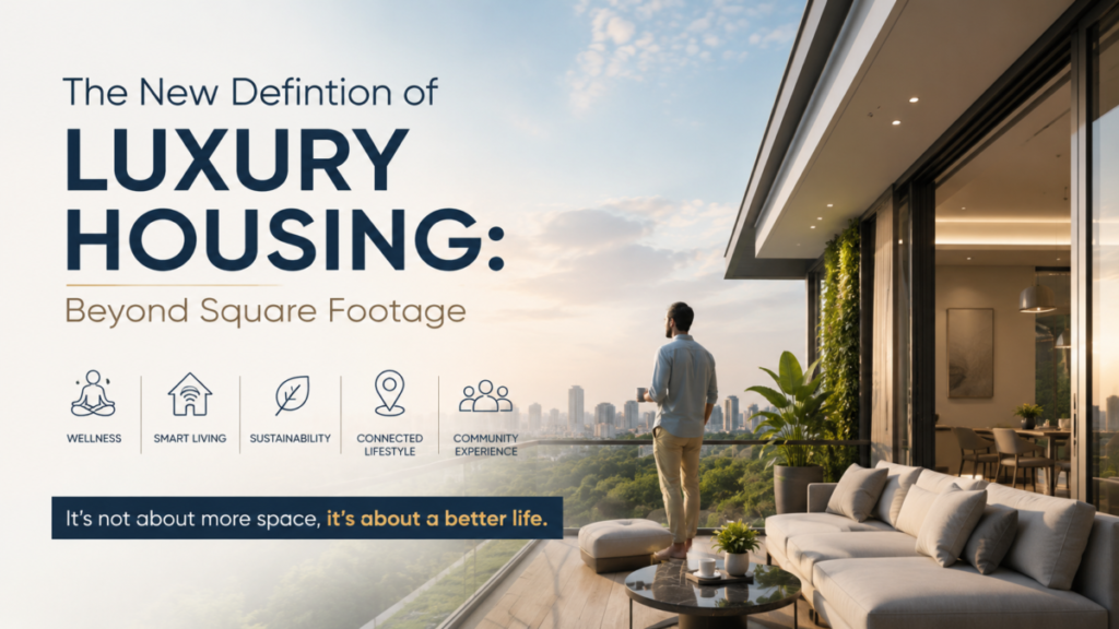 Modern luxury housing featuring a premium smart home with a panoramic city view, highlighting wellness, smart living, sustainability, connectivity, and community-focused lifestyle amenities.